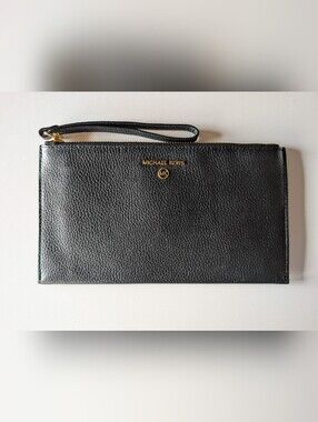 Michael Kors Black Pebbled Leather Wristlet with Gold Logo